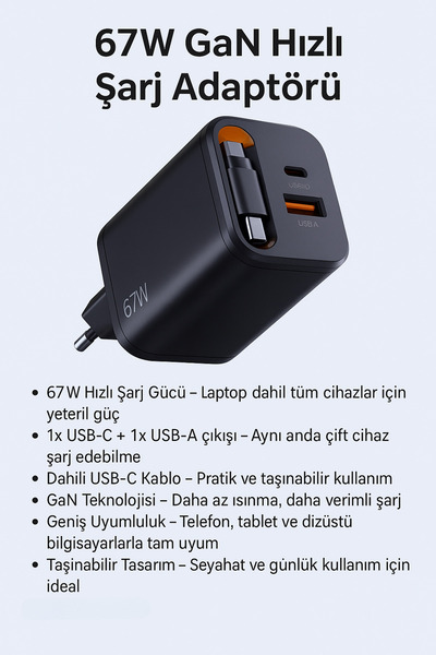 SMAYLİNG 67W GaN Hızlı Şarj Adaptörü – USB-C + USB-A Çıkışlı, Dahili Kablo