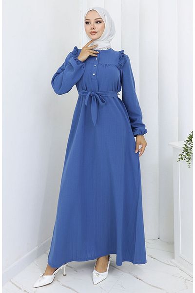 sefamerve Aerobin Fabric Ruffle Belted Dress 2064-03 Indigo