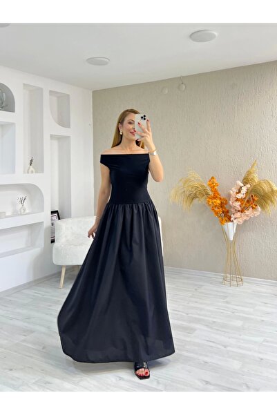 İrka Moda Kayık Yaka Poplin Detay Elbise Siyah