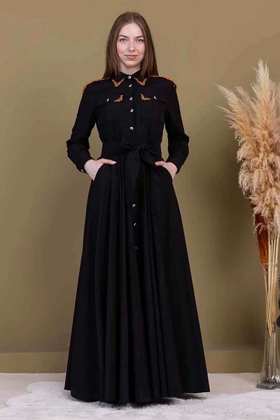 lodmela Lacing Detail Beaded Poplin Dress 2723-Black