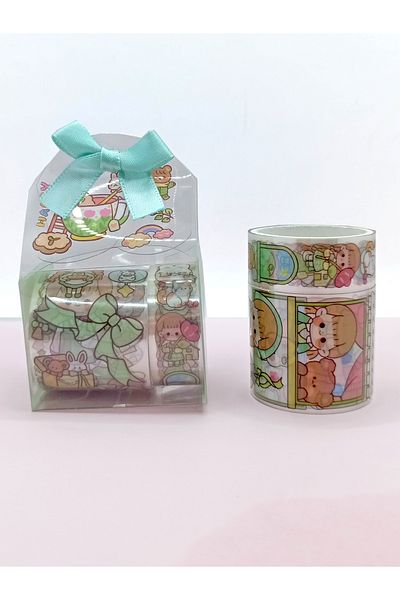 Limmy Cute Girl Bear Rabbit Transparent Patterned Tape with Bow Bag - Green