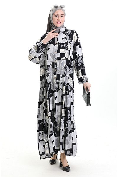 sefamerve Half Button Pattern Dress 2067-02 Black Gray