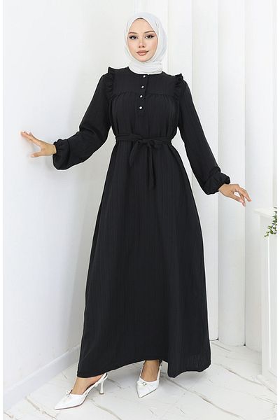 sefamerve Aerobin Fabric Ruffle Belted Dress 2064-01 Black