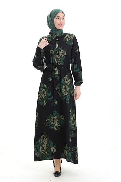sefamerve Buttoned Patterned Belted Dress 2076-03 Black Green
