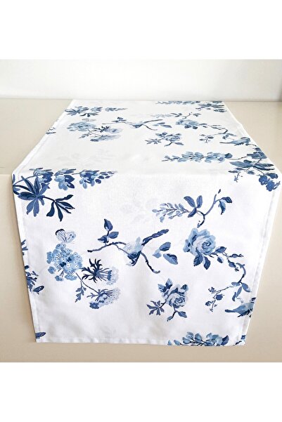 Fabric by Gülçin Koton Pamuklu Kumaş Beyaz Renk Blue Blanc Kuş Desen Runner