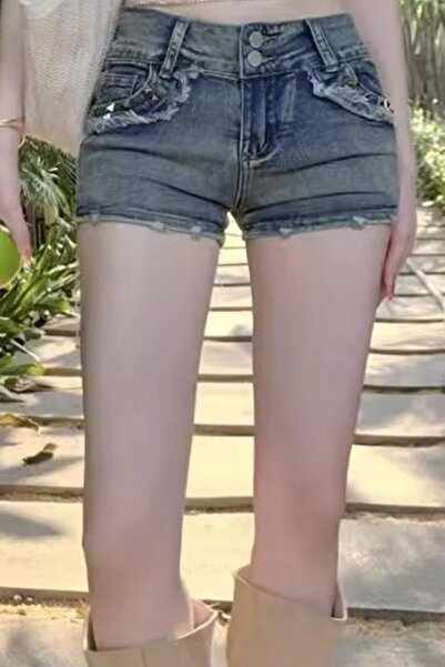 BALİNA Mavi Eskitme Piramit Detay Kot Şort -ALH