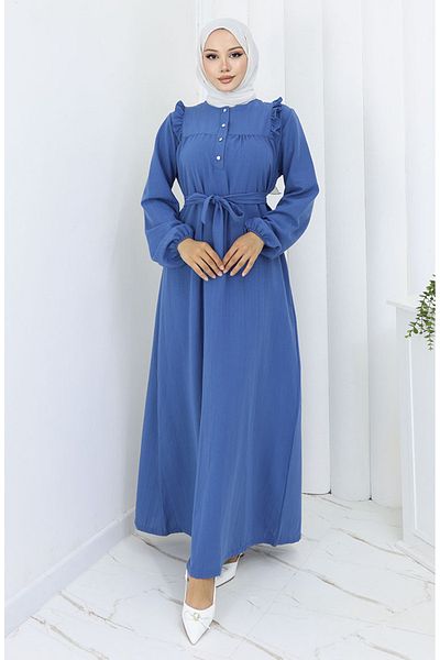 sefamerve Aerobin Fabric Ruffle Belted Dress 2064-03 Indigo