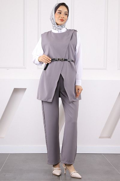 İmajButik Gray Shoulder Button Vest Pants Suit