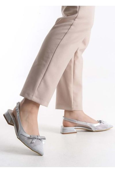 KOCAMANLAR Feles Bow Lace Detailed Open Back Women's Ballerina Shoes Silver