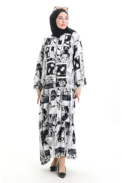 sefamerve Half Button Patterned Dress 2067-03 White Black