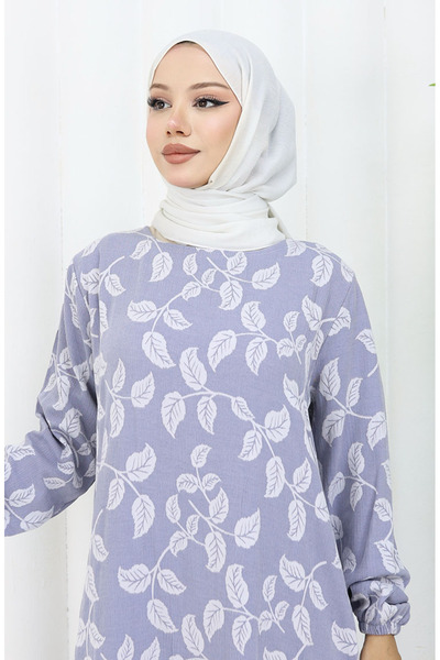 sefamerve Patterned Dress with Elastic Sleeves 2055-01 Gray