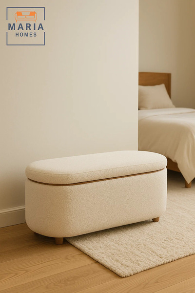MARIA HOMES Oval Upholstered Ottoman with Storage and Wooden Feet