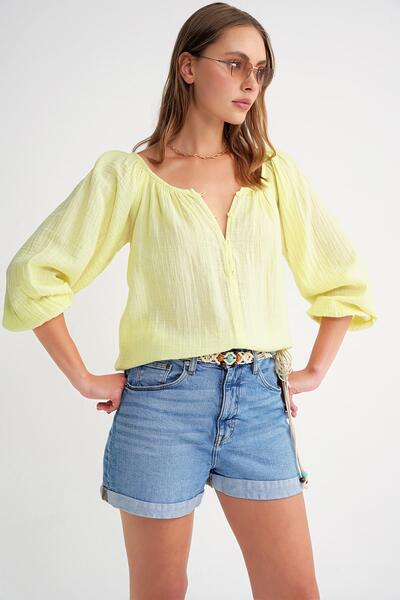 Mixray 4707 Γυναικεία μπλούζα μουσελίνας με κορδόνι με λαστιχένιο μανίκι παστέλ κίτρινο