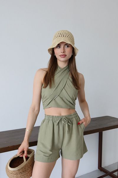Laluvia Khaki Martina Halterneck Bustier Shorts Suit - 30361