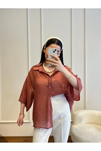 Zims Butik İpeksi Doku Premium Kalite Transparan Gömlek Kiremit