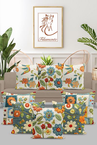 Filamente Pack of 8 Double-Sided Digital Printing Throw Pillow Case Quilted Look Floral Pattern