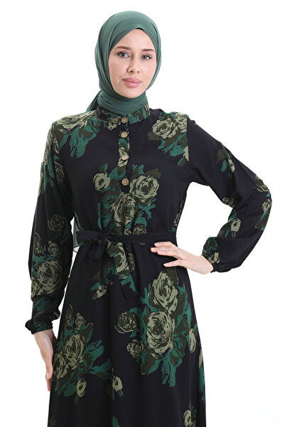 sefamerve Φόρεμα με κουμπιά με μοτίβο ζωνών 2076-03 Μαύρο Πράσινο