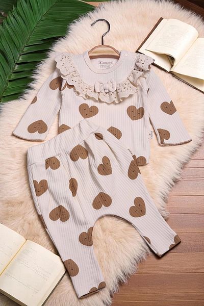 Babydonat Heart Patterned 100% Cotton 3-Piece Baby Girl Set 9-18 Months