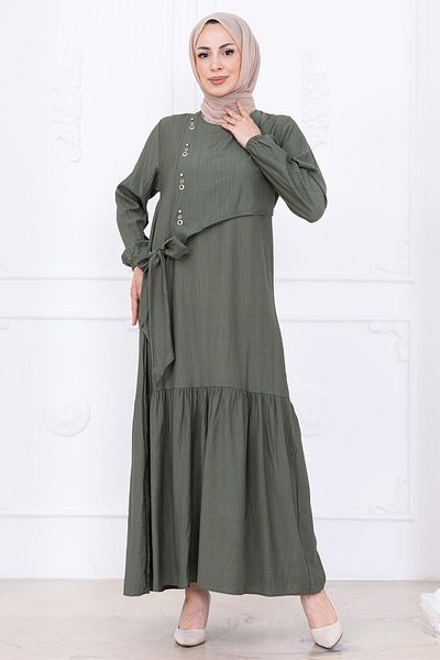 hafsamina Μπροστινή πέτρα Λεπτομερές Πλαϊνό Δεμένο Φόρεμα Hijab Khaki HM2760