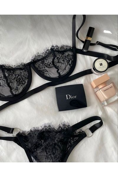 SİLVER MİRROR Set de sutien de lenjerie neagră pentru femei cu sârmă din dantelă