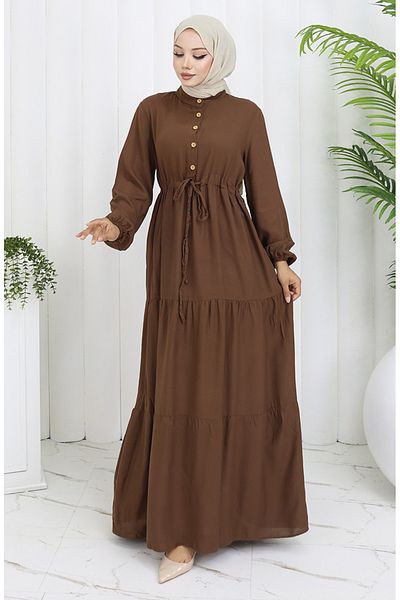 sefamerve Viscose Fabric Half Button Dress 0085-03 Brown