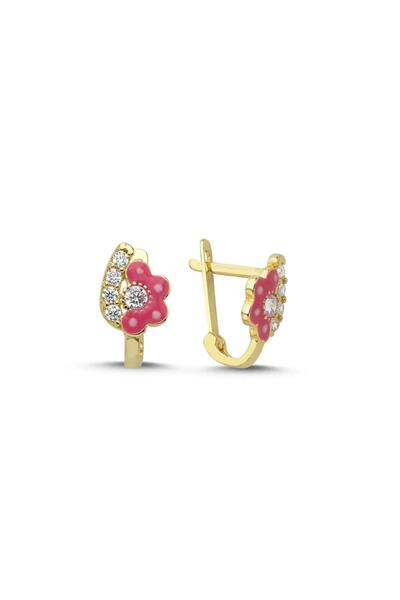 Koçak 14 Ayar Taşlı Pembe Çiçek Tasarım Çocuk Altın Küpe
