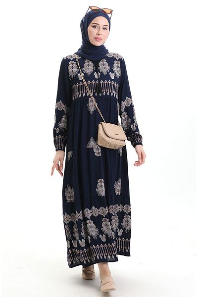 sefamerve Viscose Fabric Patterned Dress 4078-03 Navy Blue