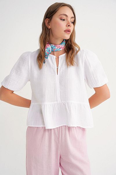 Mixray 4713 Women's Gathered Waist Sleeve Elastic Loose Muslin Blouse White