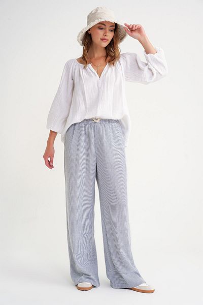 Mixray 4707 Women's Shirred Collar Elasticized Loose Muslin Blouse White