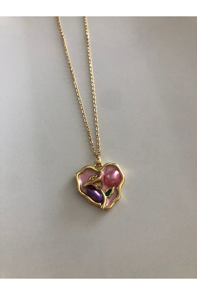 MeSin Store Gold Color Tinted Steel Necklace with Heart Shape Rose Motif