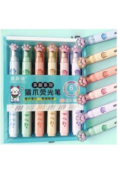 happystoretr 6 Phosphorescent Pen Cat Paw Highlighter Set Pastel