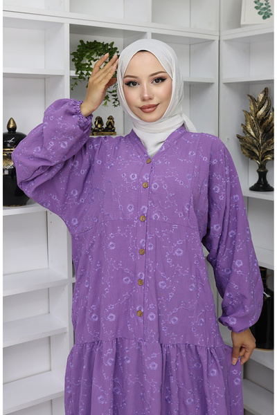 sefamerve Nakış İşlemeli Yarım Düğmeli Elbise 0059-02 Lila