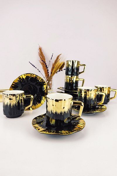 Kosova Porcelain 6-Piece Coffee Cup Set Black Gold