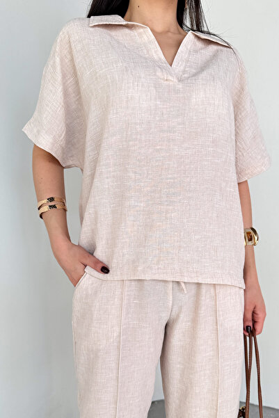 Cappmoda Tkm-13309 Stone Color Polo Collar Oversize T-Shirt & Carrot Trousers with Tie Detail Two-Piece Set