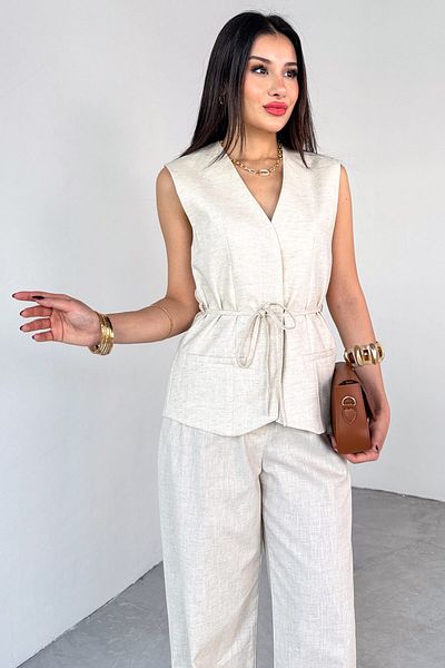 Cappmoda Tkm-13312 Stone Color Lacing Detailed Lined Vest & Palazzo Trousers Linen Double Suit