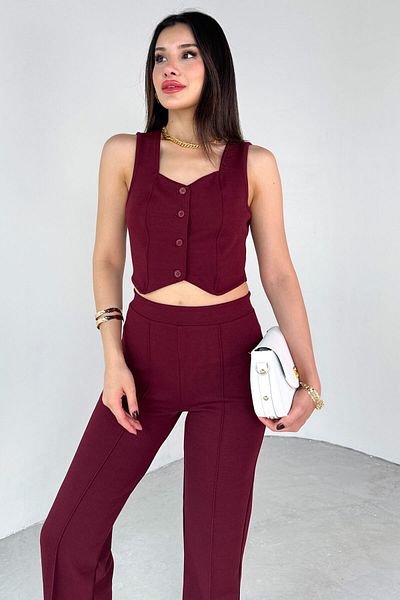 Cappmoda TKM-13308 سترة مفصلة بياقة بأزرار وسروال مرن بخصر مطاطي طقم مكون من قطعتين