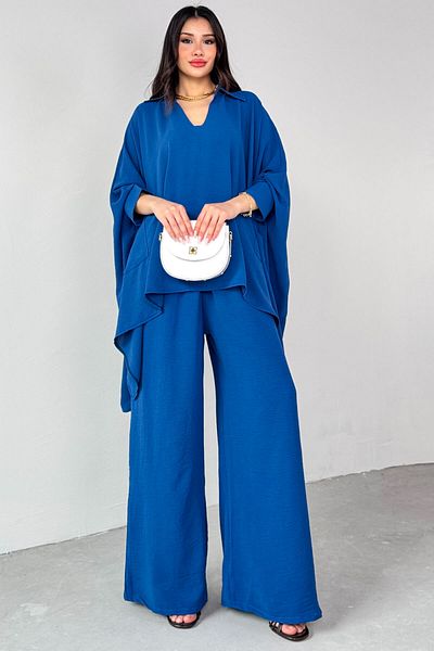 Cappmoda Tkm-13286 Saks Blue Shirt Collar Pocket Bat Sleeve Blouse Wide Leg Loose Pants Two-Piece Suit