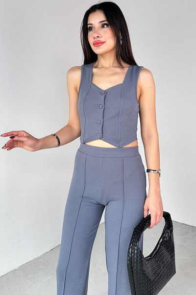 Cappmoda Tkm-13308 Smoked Button Collar Detail Vest & Waist Elasticized Grass Trousers Double Suit