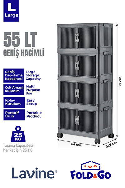 obido Lavine Fold&go 4'lü Portatif Organizer Tekerlekli Dolap Çok Amaçlı Kapaklı Katlanır ”antrasit”