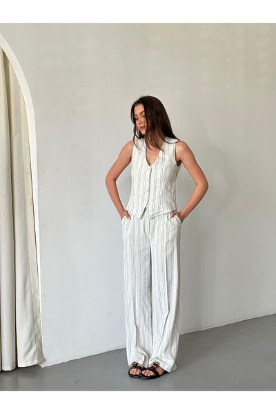 FEMMESTUDIO Women's Cream Striped Vest Pants Set