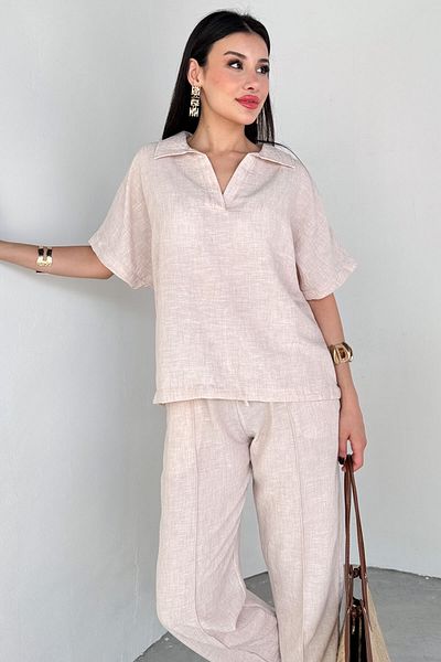 Cappmoda Tkm-13309 Stone Color Polo Collar Oversize T-Shirt & Carrot Trousers with Tie Detail Two-Piece Set