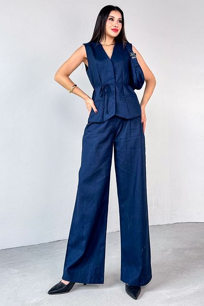 Cappmoda Tkm-13312 Navy Blue Lacing Detailed Lined Vest & Palazzo Trousers Linen Double Suit
