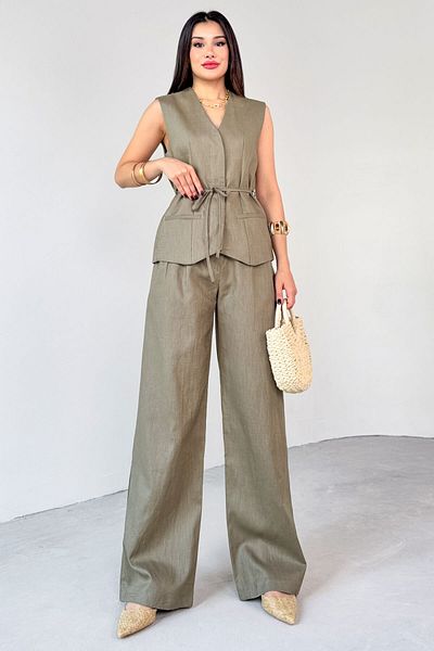 Cappmoda Tkm-13312 Khaki Lined Vest & Palazzo Trousers Linen Double Set with Lacing Detail
