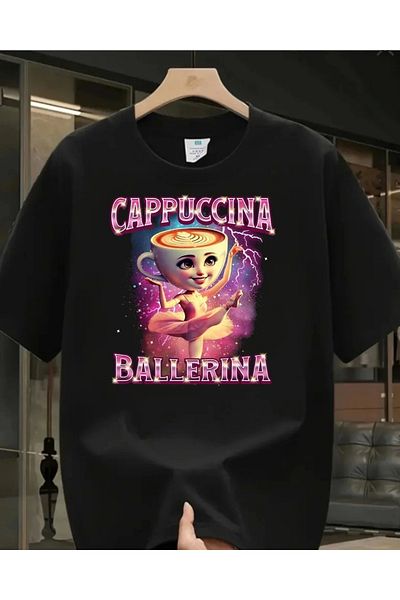 1blood Μαύρο Cappuccino Ballerina με στάμπα που πλένεται Vintage Unisex Oversize T-shirt
