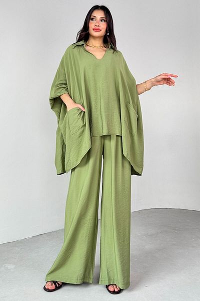 Cappmoda Tkm-13286 Mint Green Shirt Collar Pocket Bat Sleeve Blouse Loose Wide Leg Loose Trousers Two Piece Set