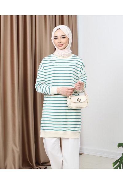 FABİMOD Women's Seasonal Loose Crew Neck Embroidered Striped Hijab Tunic Sports Model Seasonal Tunic