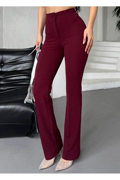 miyase life Women's Burgundy Crepe Fabric Lycra Front Flare Palazzo Trousers