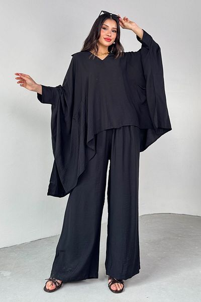 Cappmoda TKM-13286 بلوزة سوداء بياقة قميص وجيب وأكمام واسعة وبنطلون فضفاض طقم مكون من قطعتين