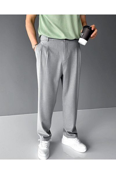 LU-MİLA Men's Pleated Baggy Elastic Waist Fabric Trousers-Bitter Brown