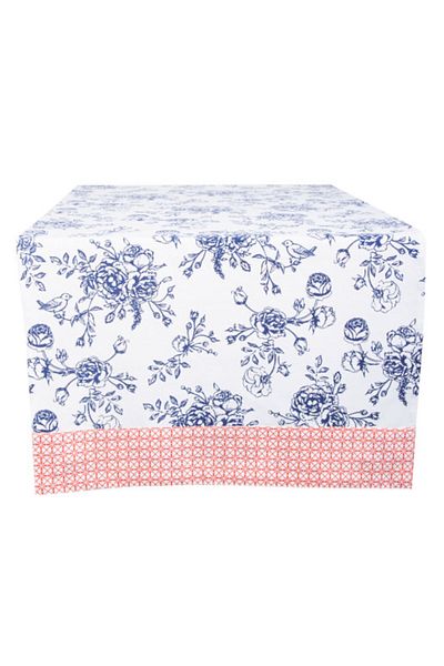 Clayre & Eef Față de masă din bumbac alb-albastru Flori albastre 50 cm x140 cm